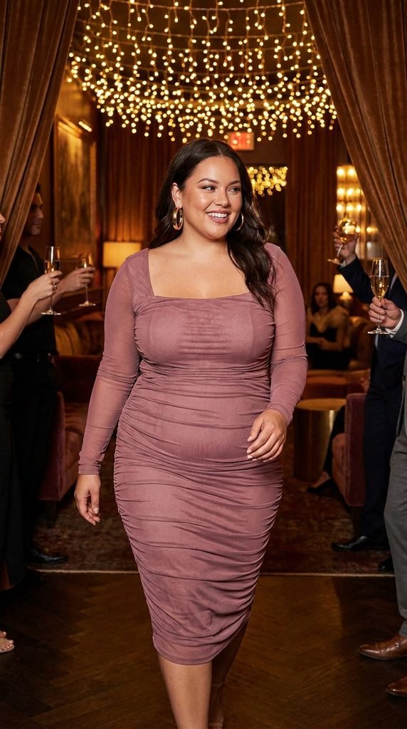 The Ruched Mesh Bodycon Dress with Statement Earrings