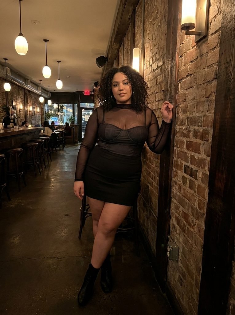 Sheer Long-Sleeve Top with a Fitted Bustier and Mini Skirt