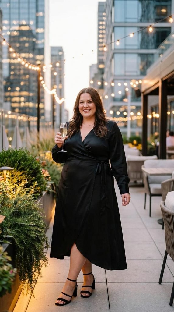 Monochromatic Black Satin Wrap Dress with Strappy Heels