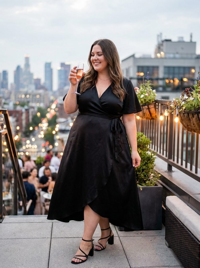 Monochromatic Black Satin Wrap Dress