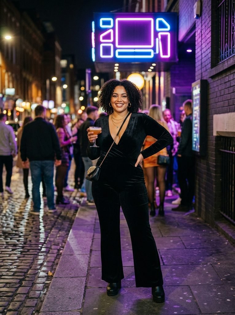 Flare Velvet Trousers with a Deep V-Neck Bodysuit