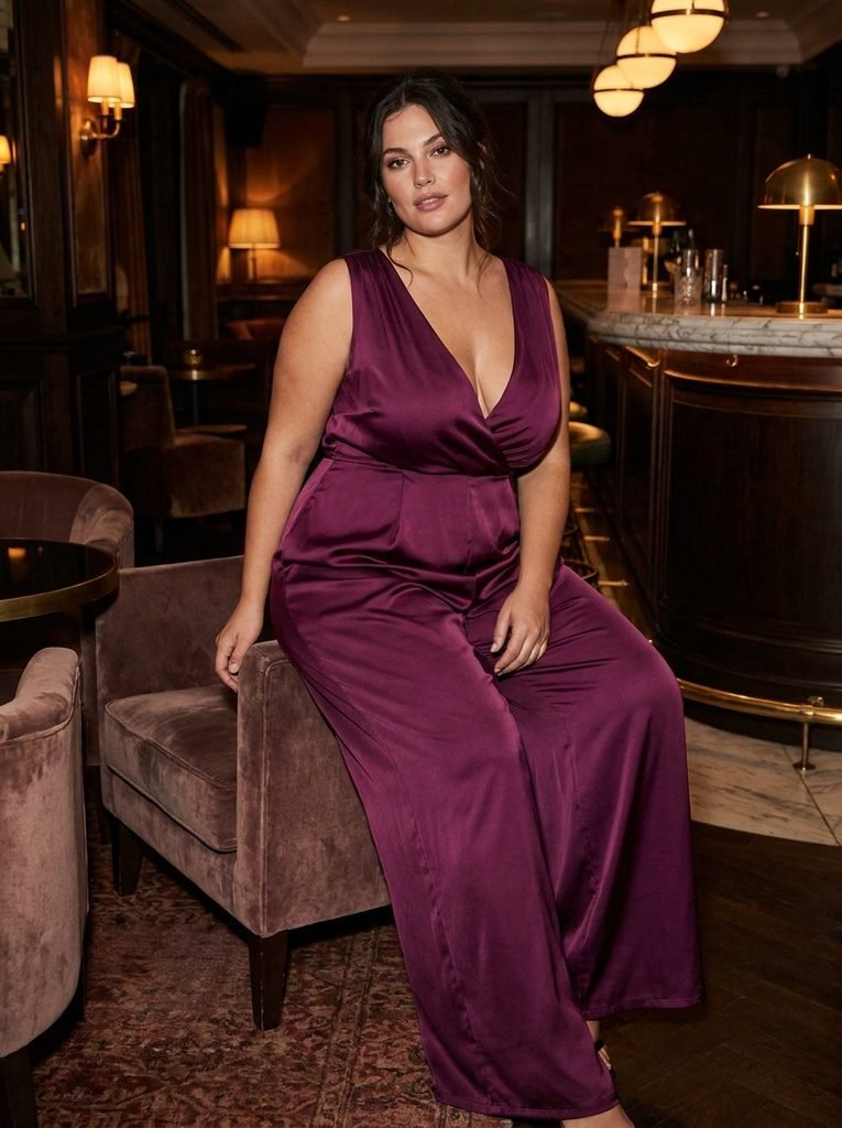 Wide-Leg Satin Jumpsuit with a Deep V-Neckline