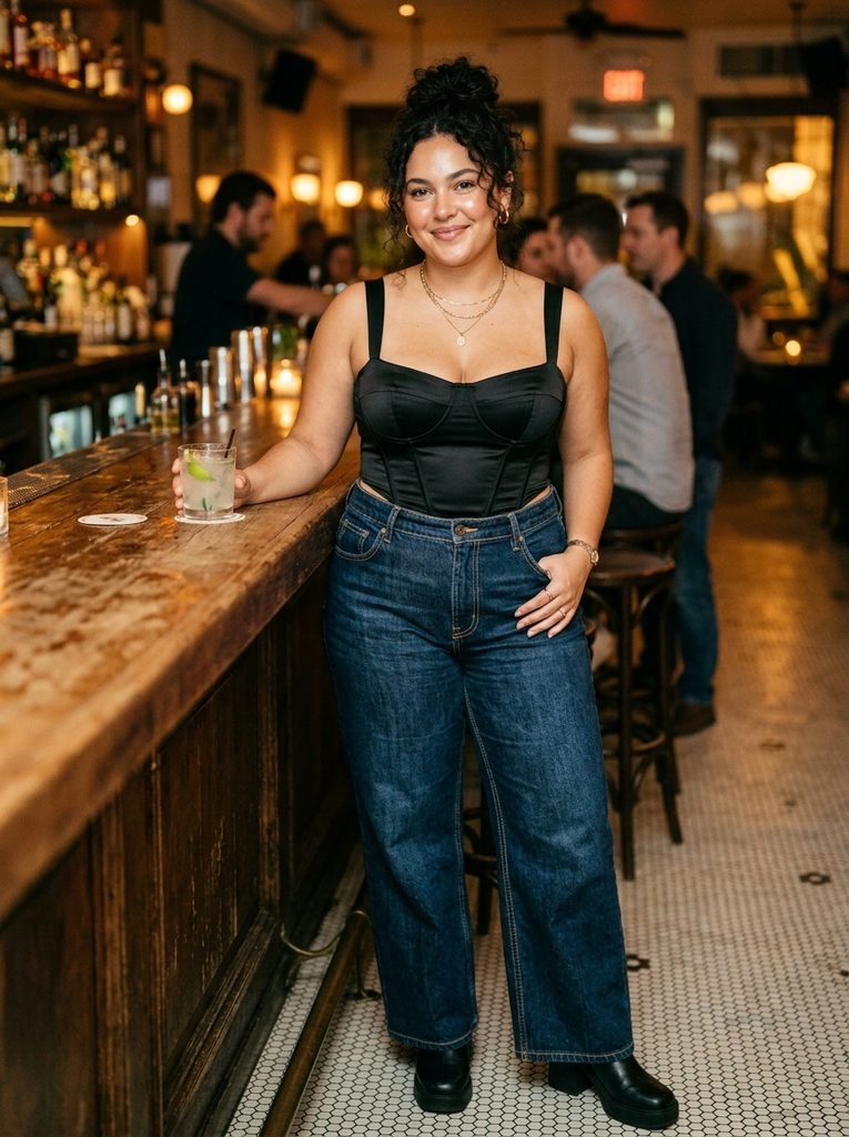 Structured Corset Tops Over High-Rise Dark Denim