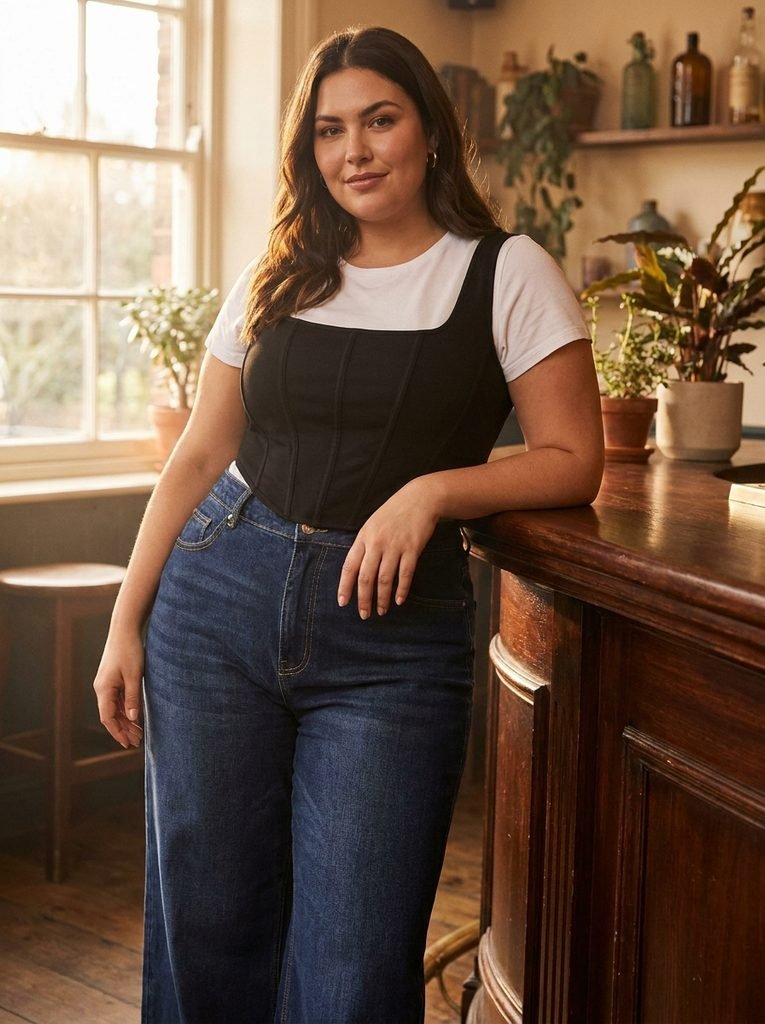 Structured Corset Top Matched with Wide-Leg Denim