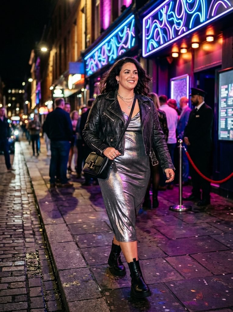 Metallic Slip Dresses Layered Under Cropped Moto Jackets