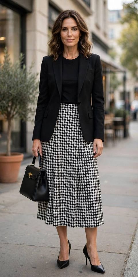 Houndstooth midi skirt with black blazer