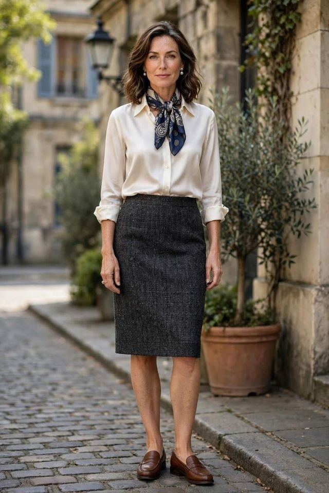 Charcoal tweed skirt with silk shirt