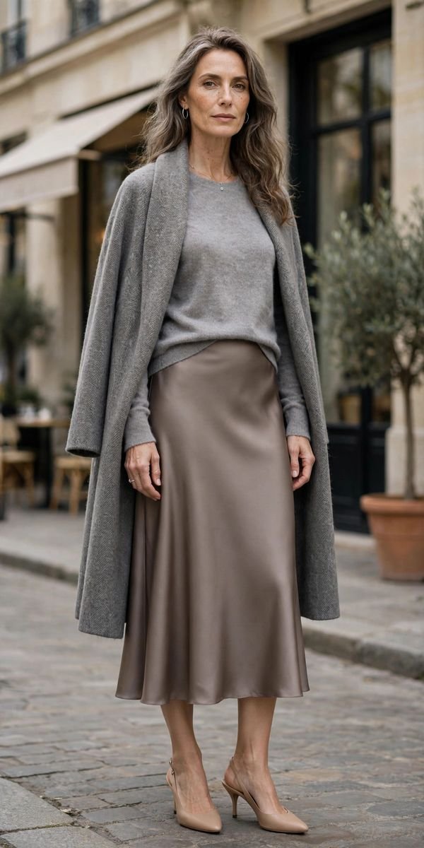 Taupe satin midi skirt with soft grey sweater