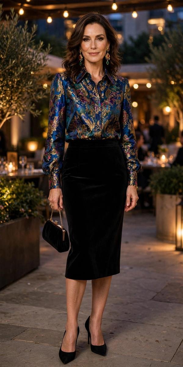 Black velvet pencil skirt with brocade blouse