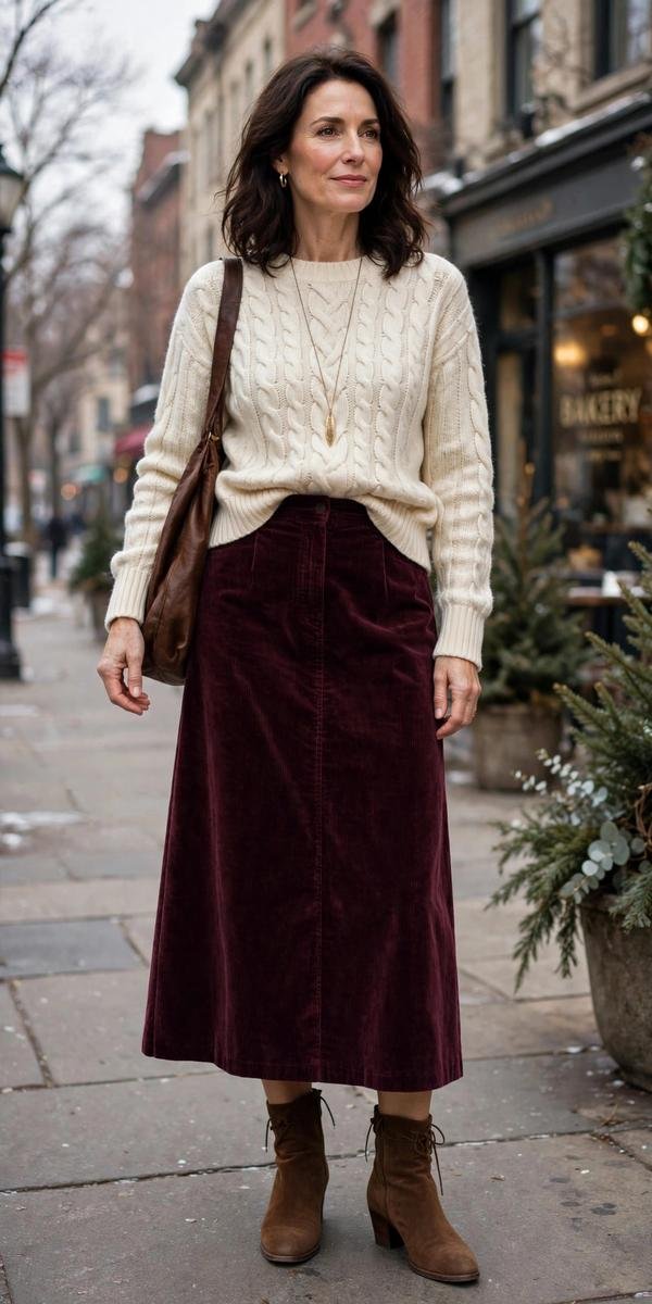 Wine corduroy midi skirt with cream cable-knit sweater