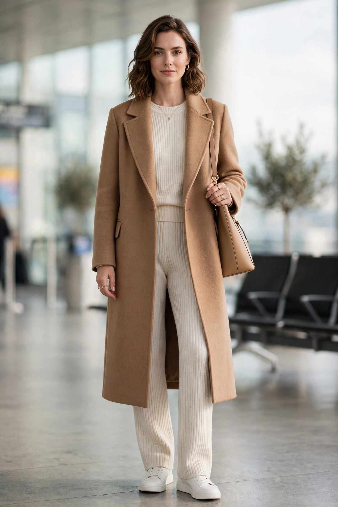 Woman wearing a camel wool coat over a cream knit set at the airport