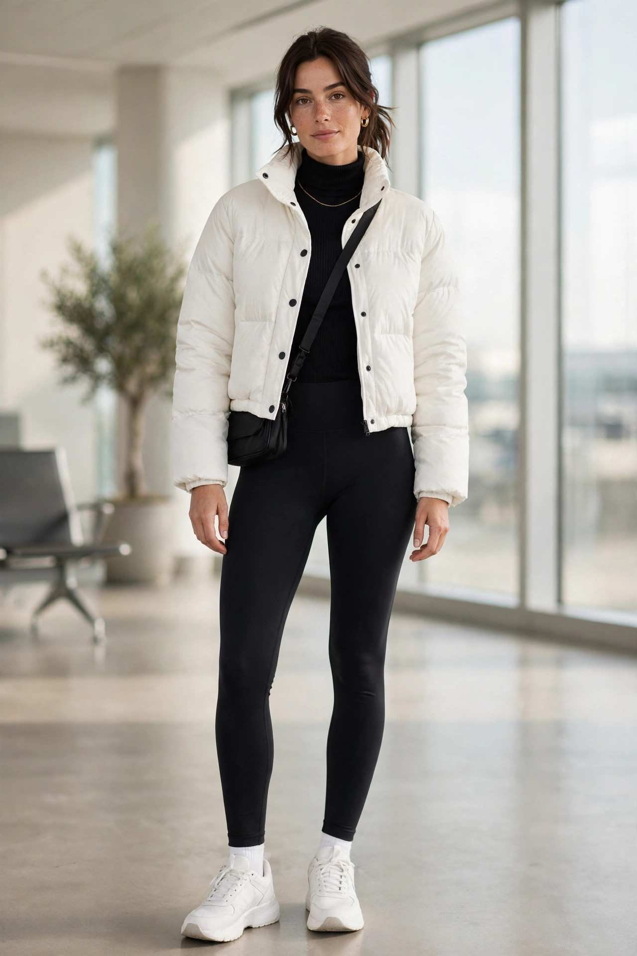 Woman in a cropped puffer jacket and high-waist leggings at the airport