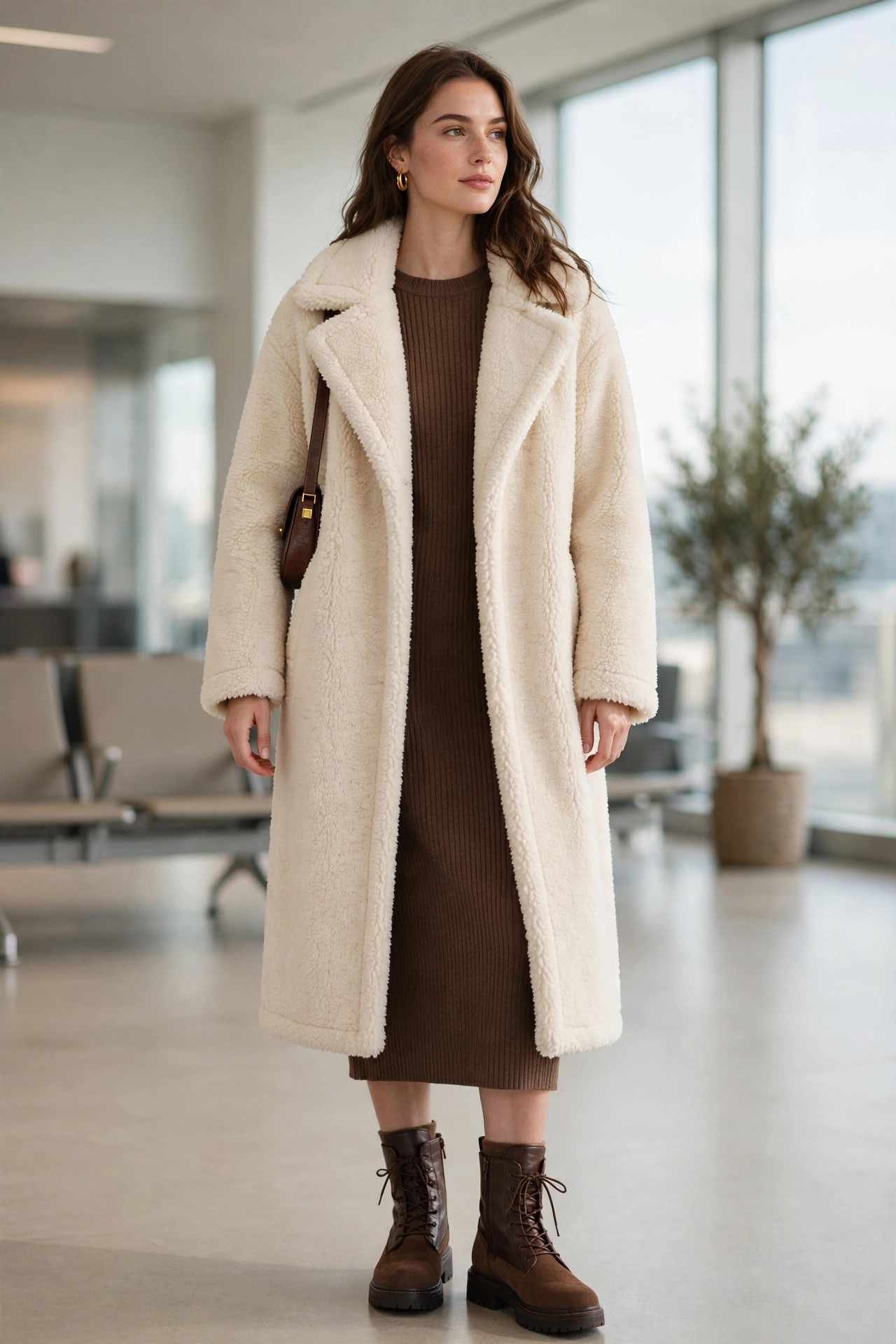 Woman in a teddy bear coat over a ribbed midi dress at the airport