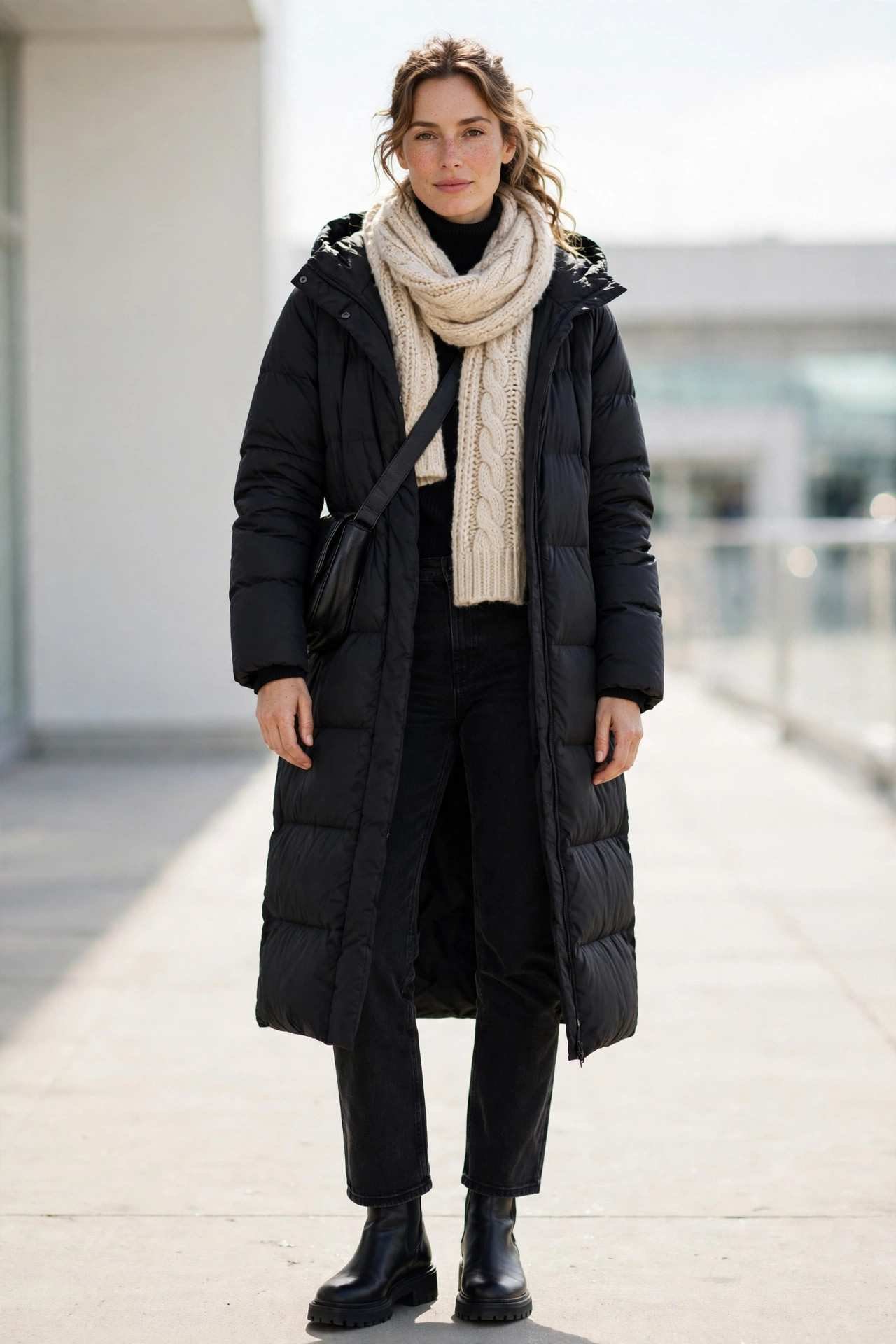Woman wearing a longline puffer coat with a chunky knit scarf