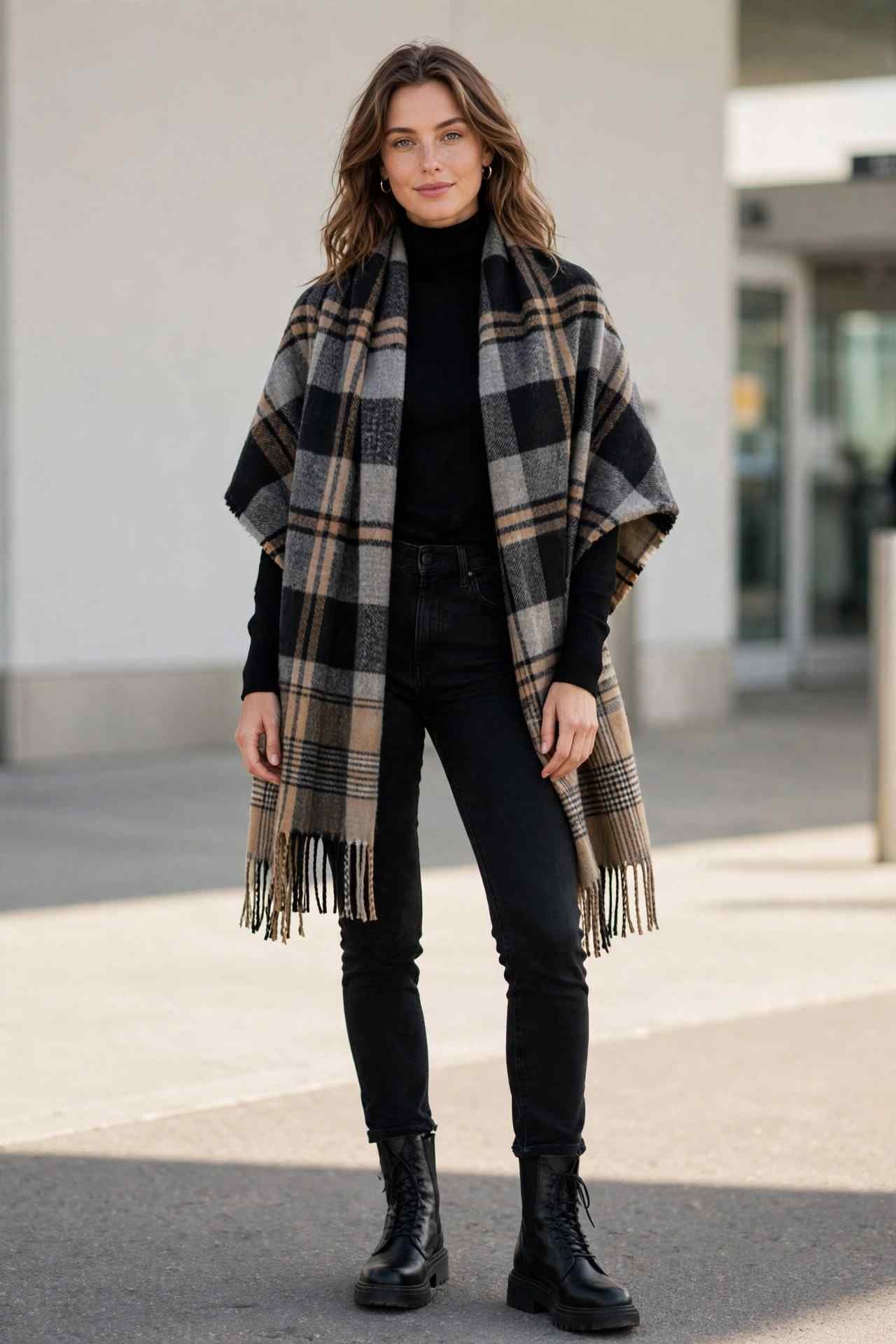 Woman wearing a plaid wool scarf over an all-black winter outfit