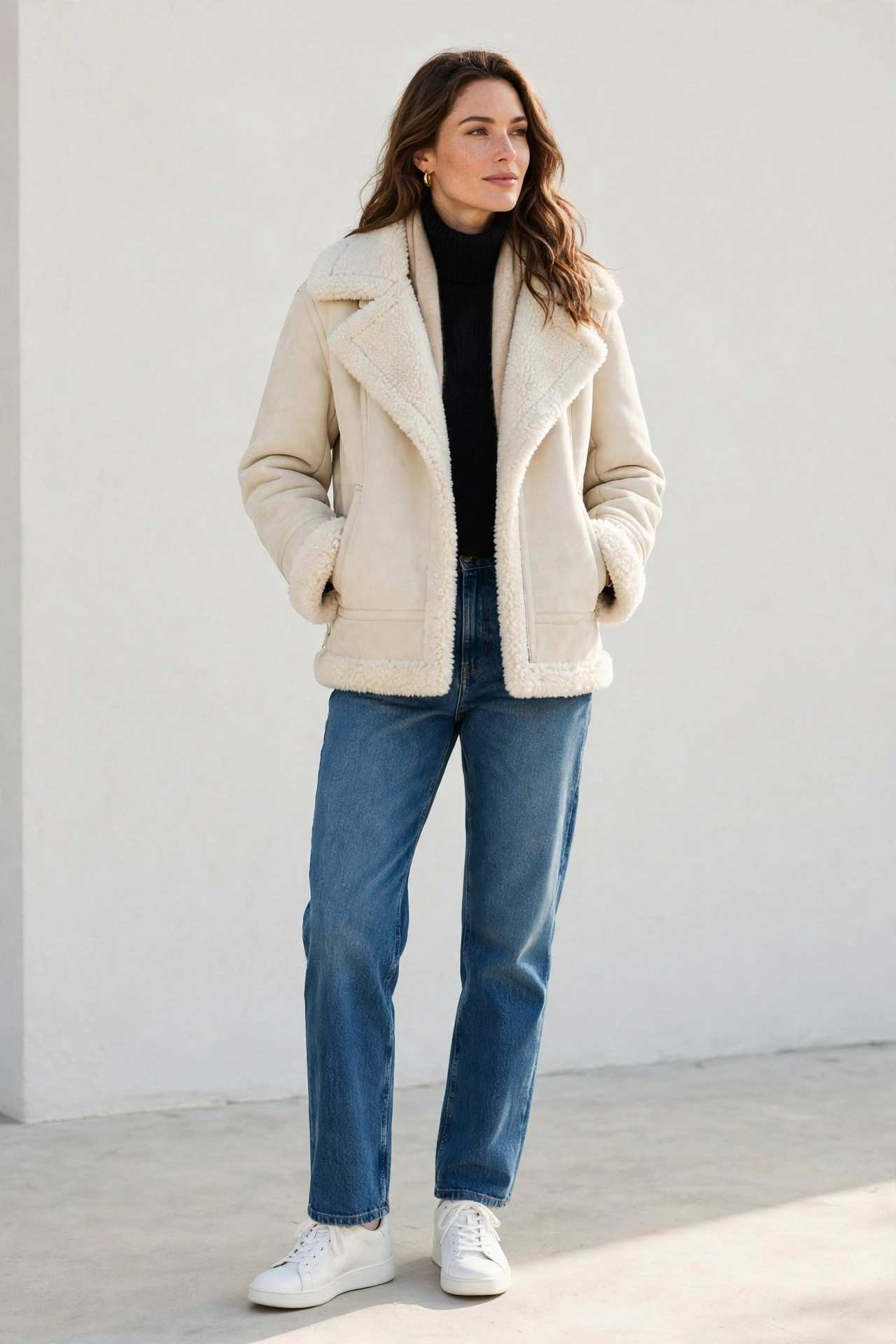 Woman in a cream shearling jacket with straight-leg jeans