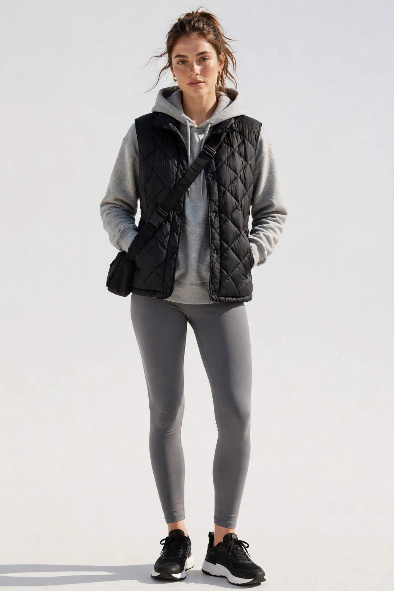Woman wearing a quilted puffer vest layered over a hoodie