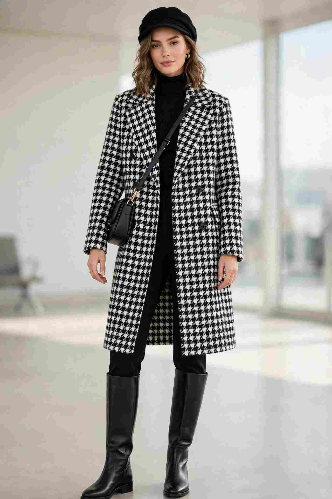 Woman in a houndstooth coat with knee-high boots at the airport