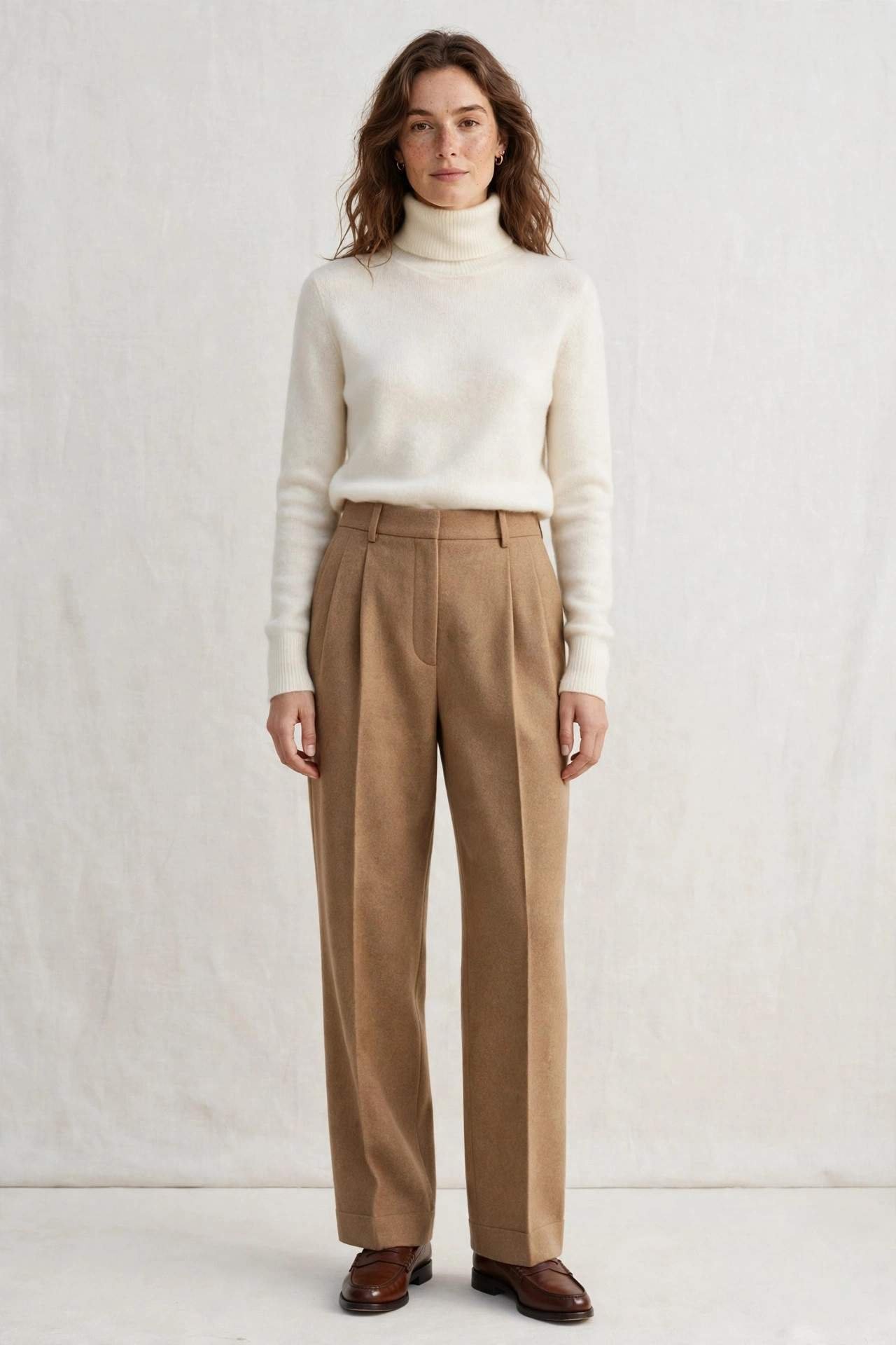 Woman wearing a cashmere turtleneck with pleated wool trousers
