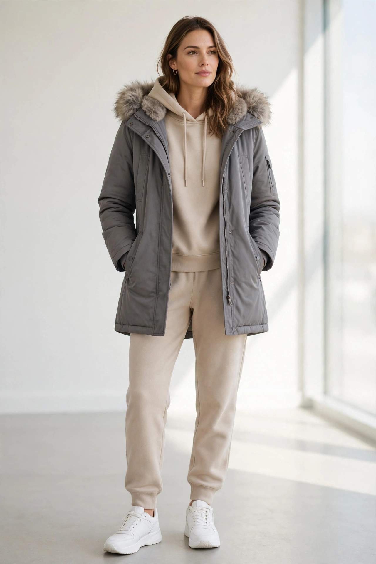 Woman in a faux-fur trim parka over a matching sweatsuit