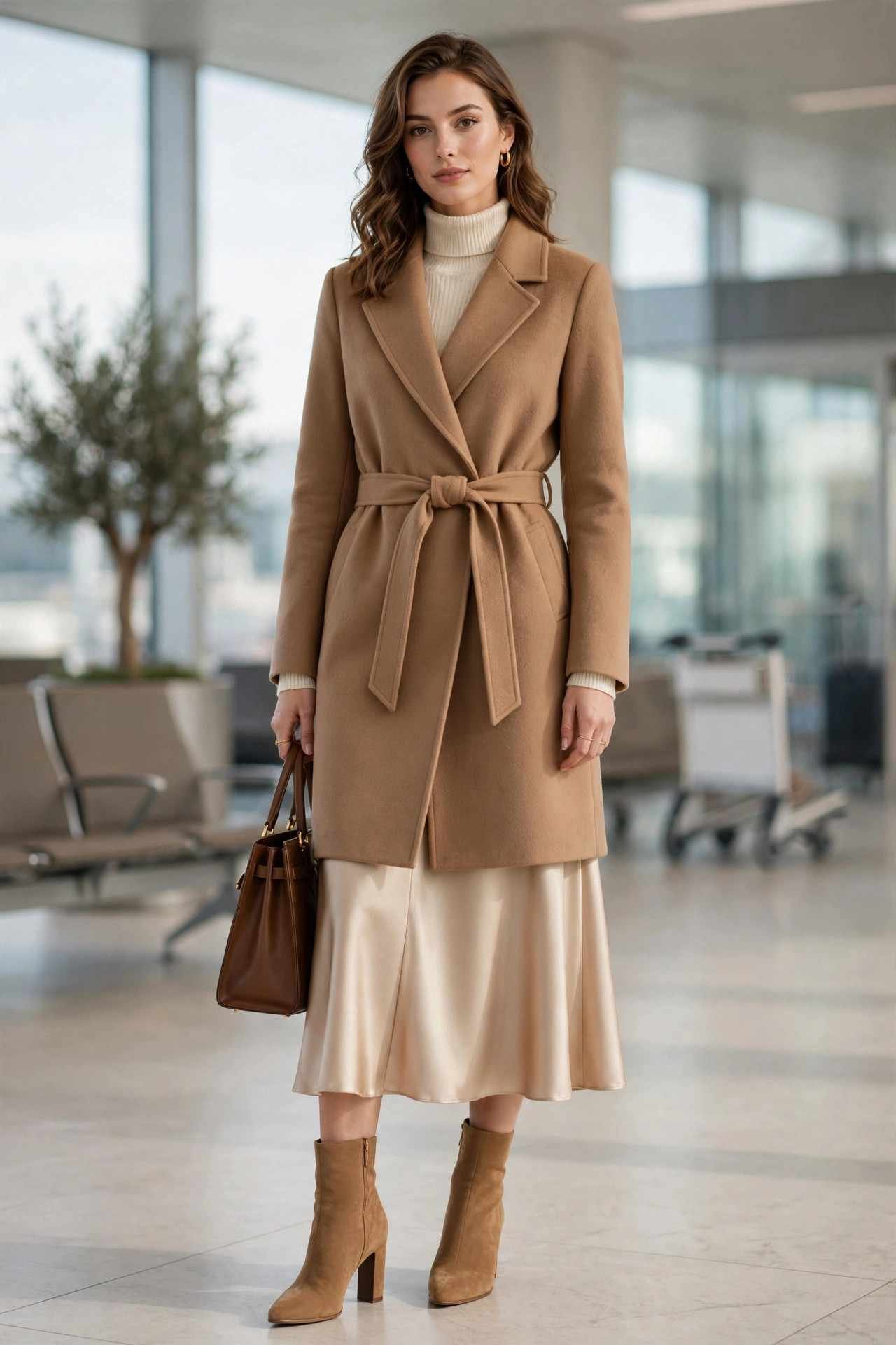 Woman wearing a belted wrap coat with a satin midi skirt
