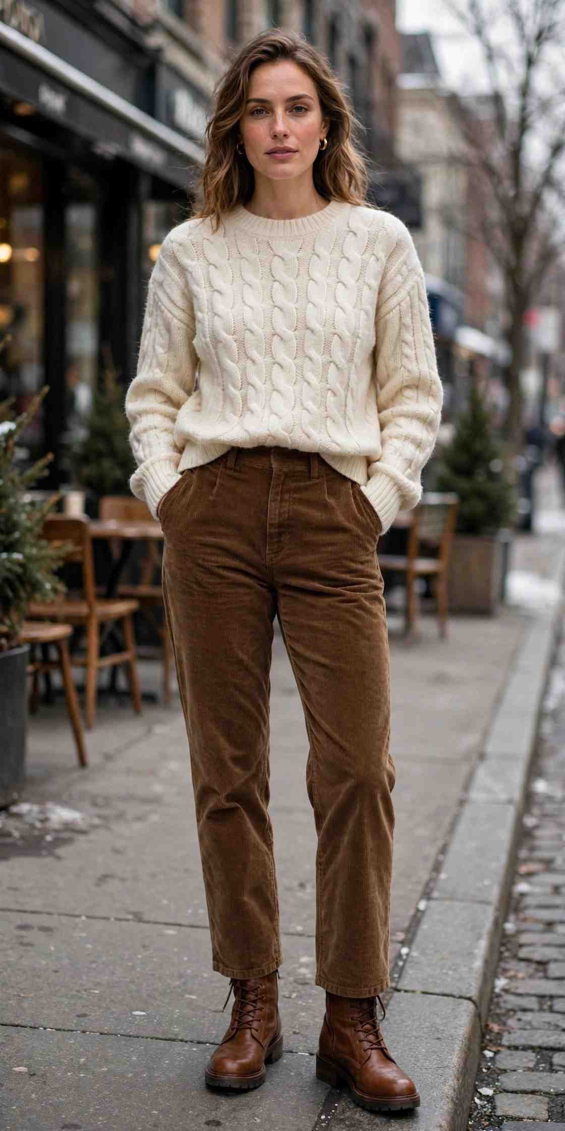 Woman in a chunky cable-knit sweater with corduroy pants