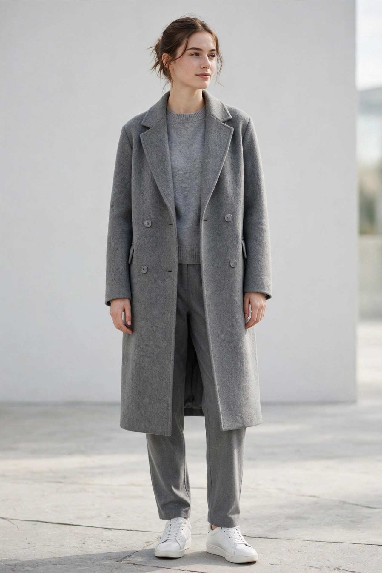 Woman wearing monochrome grey layers with white sneakers