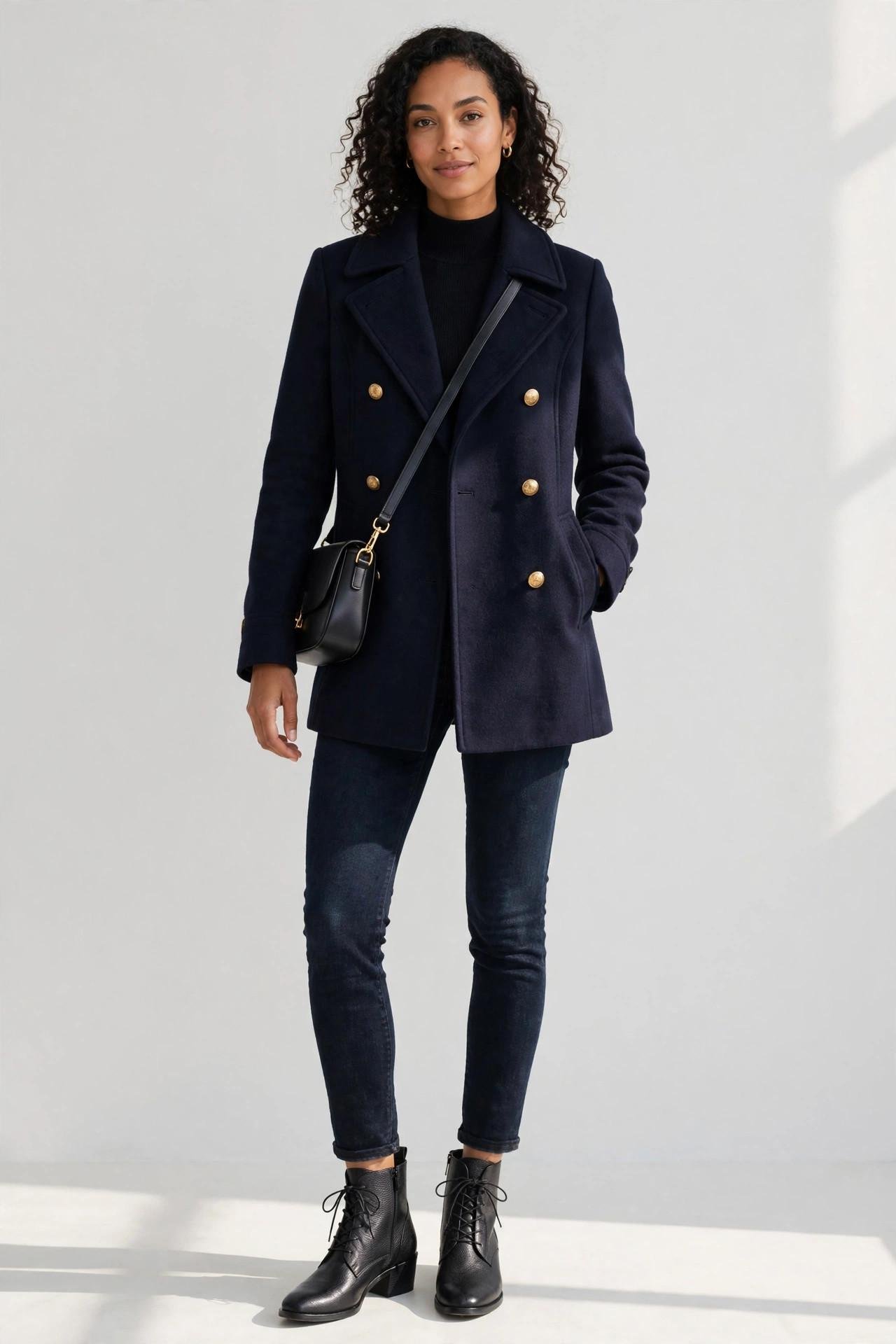 Woman wearing a double-breasted peacoat with dark skinny jeans