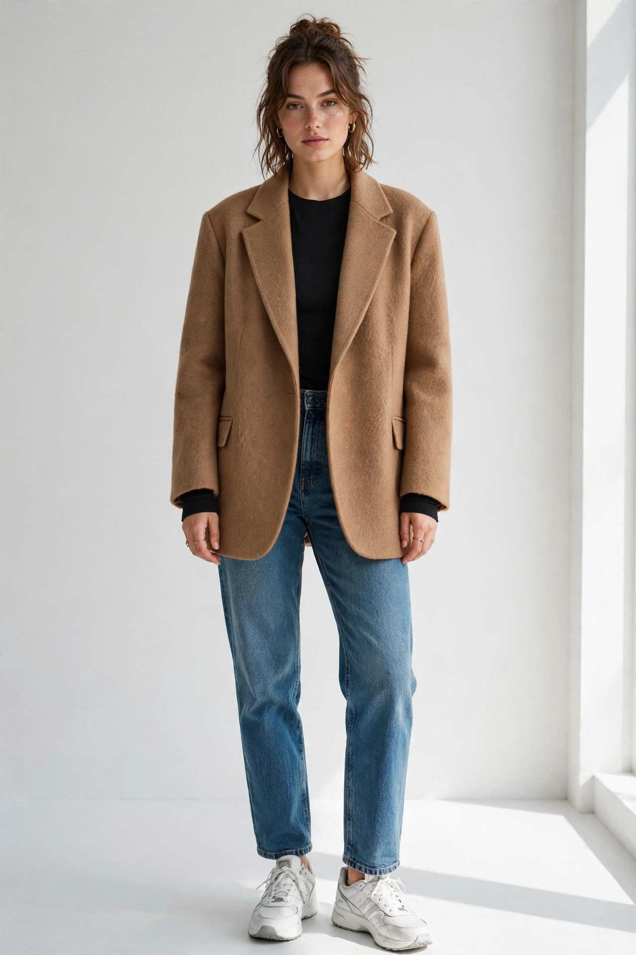 Woman wearing an oversized blazer over a thermal base layer