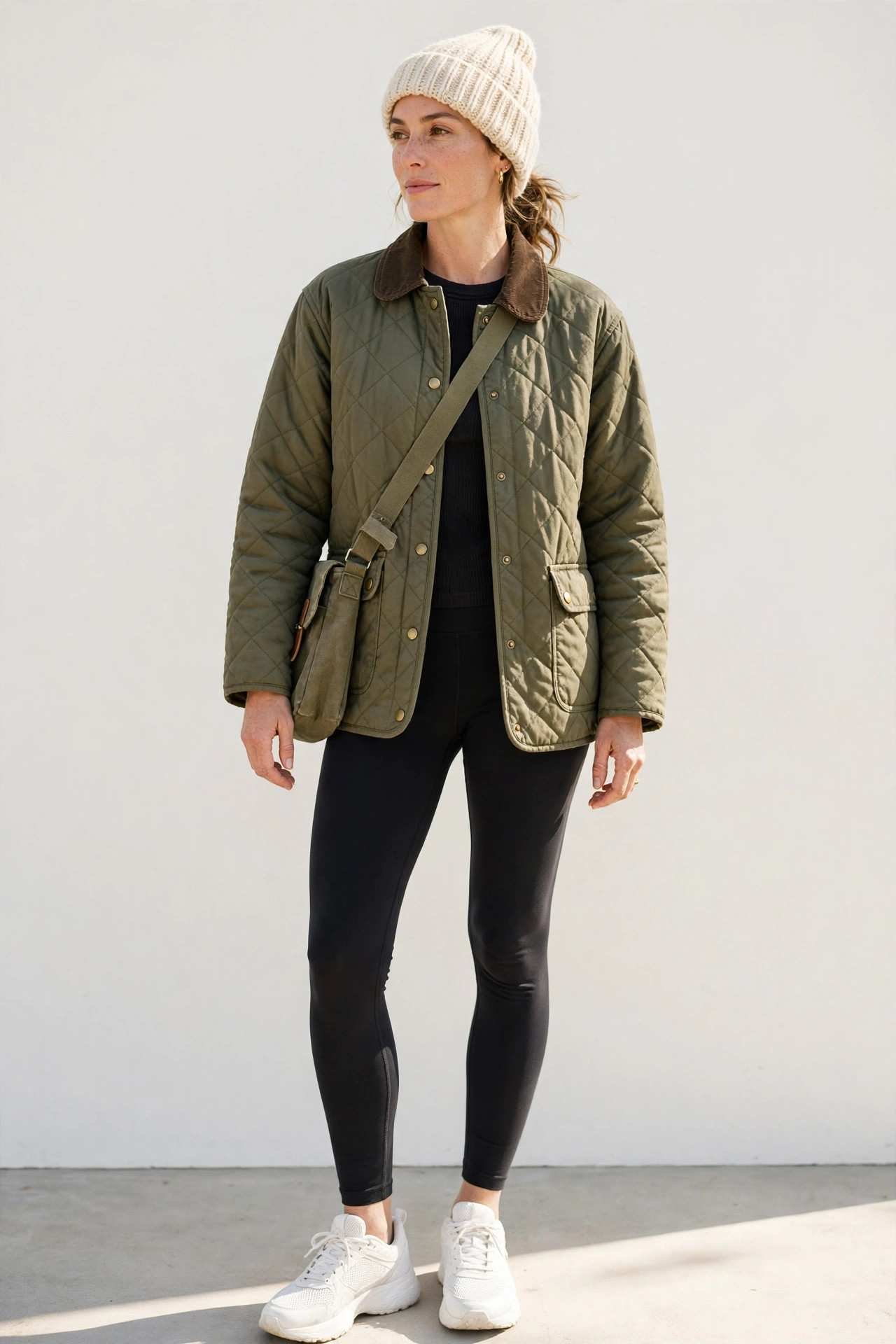 Woman wearing a quilted barn jacket with a beanie and leggings