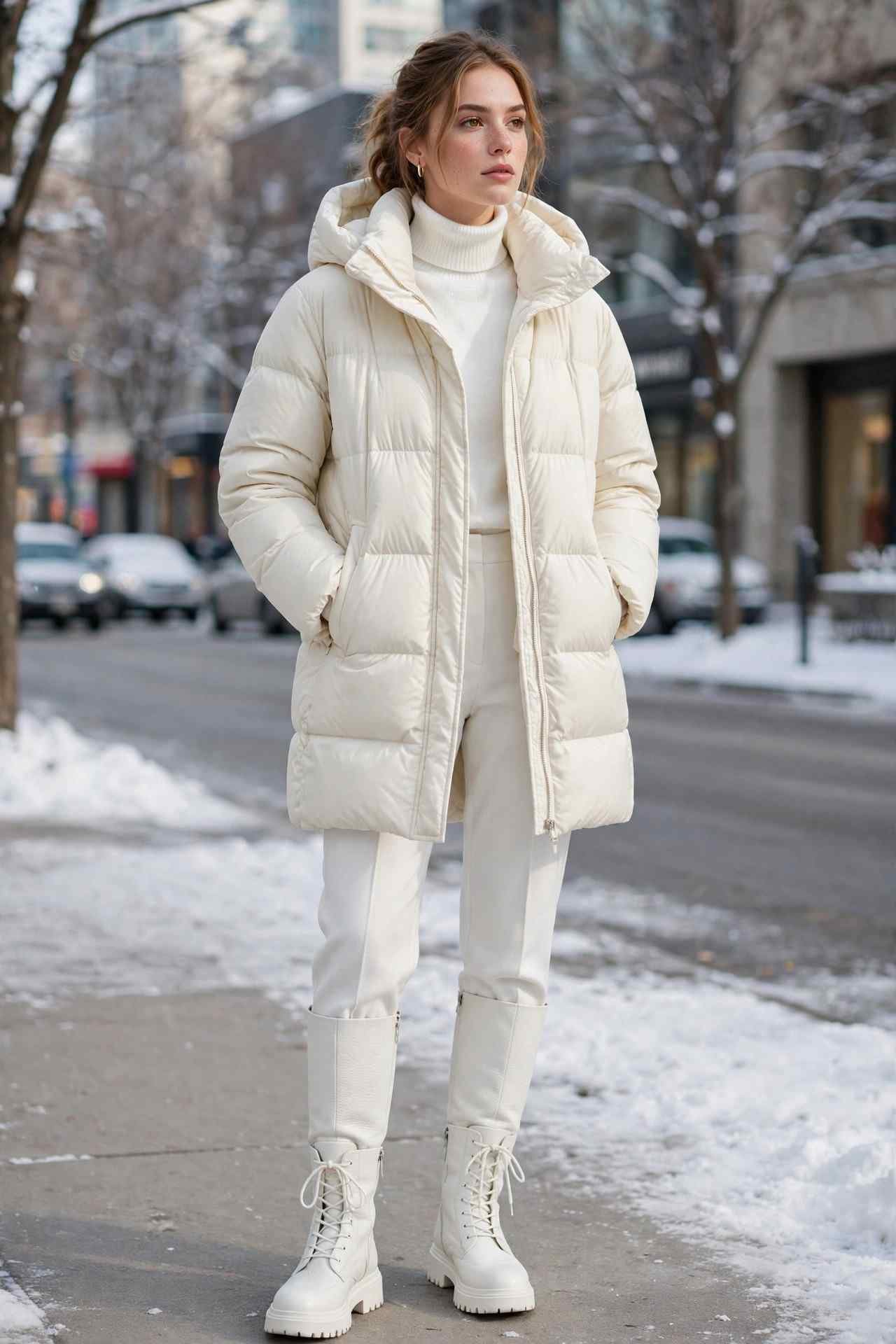 Woman wearing an ivory puffer coat in a tonal winter white outfit