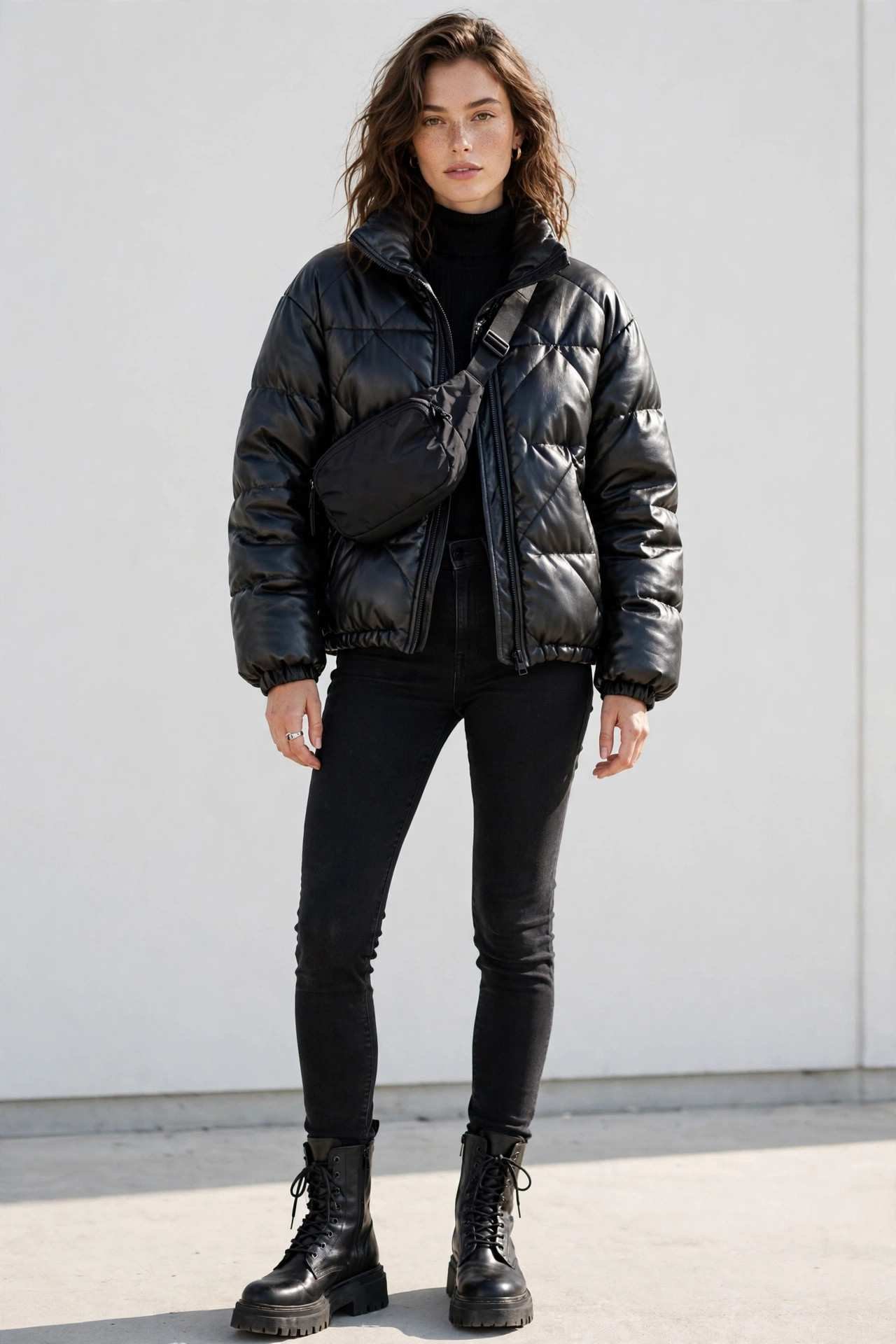 Woman wearing a leather-look puffer jacket with combat boots