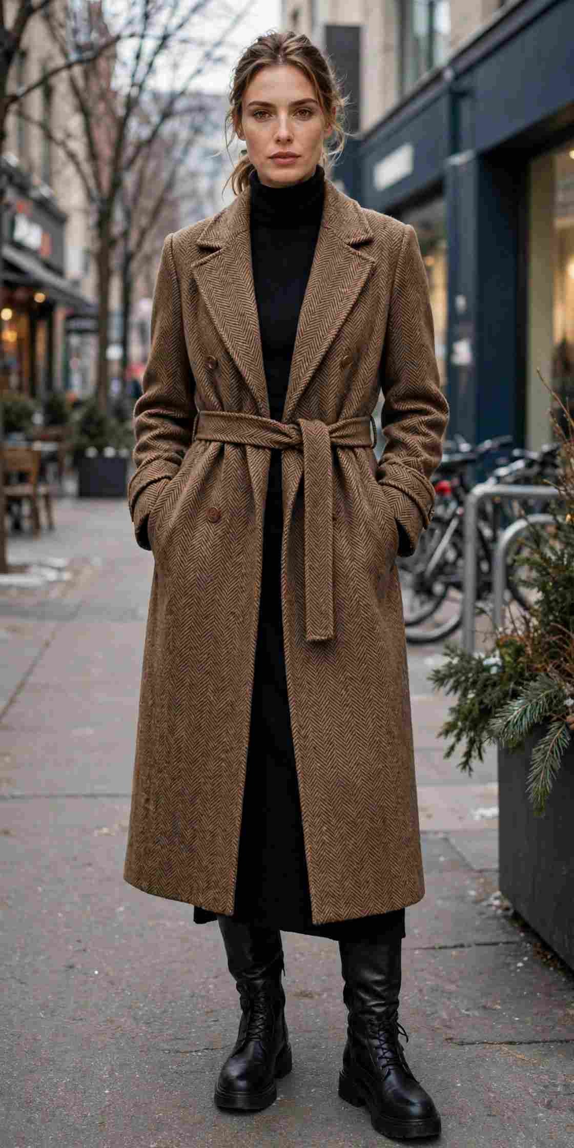 Woman wearing a herringbone coat over a turtleneck dress
