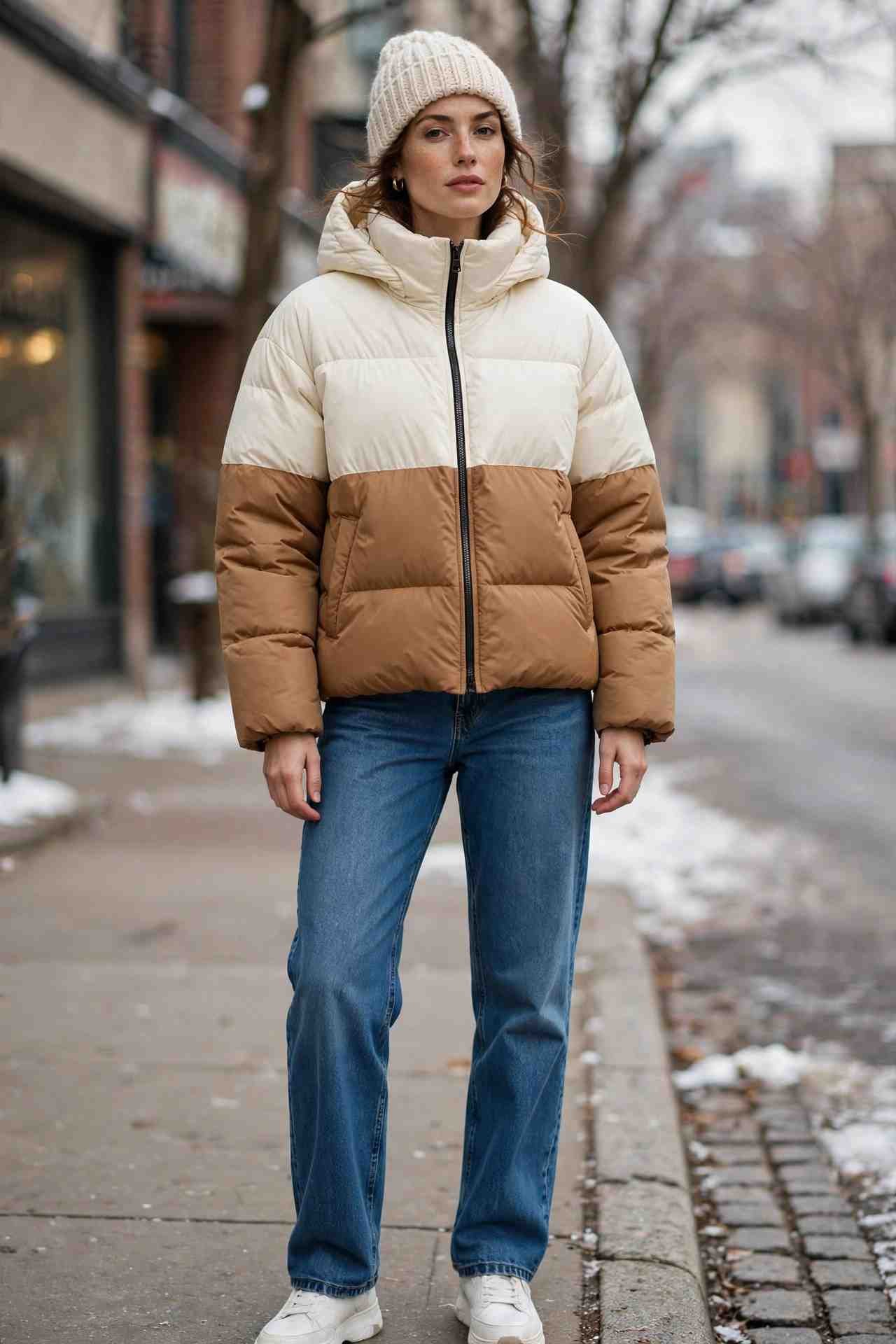 Woman wearing a color-block puffer jacket with a knit beanie set
