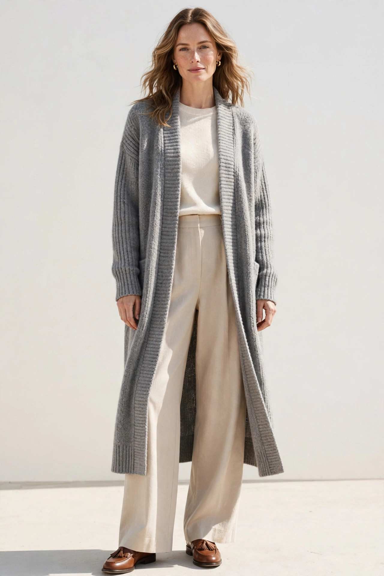 Woman wearing a longline cardigan coat over wide-leg trousers
