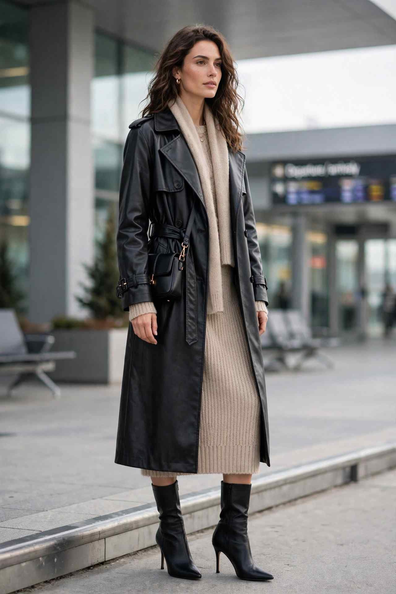 Woman wearing a faux-leather trench coat over a cozy knit dress