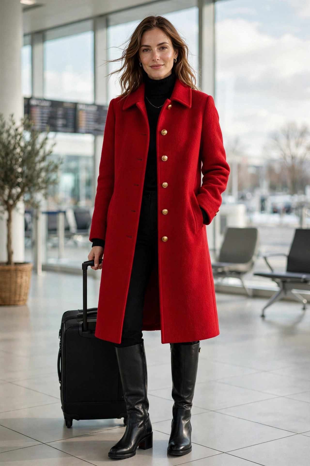 Woman wearing a festive red coat over a black turtleneck outfit