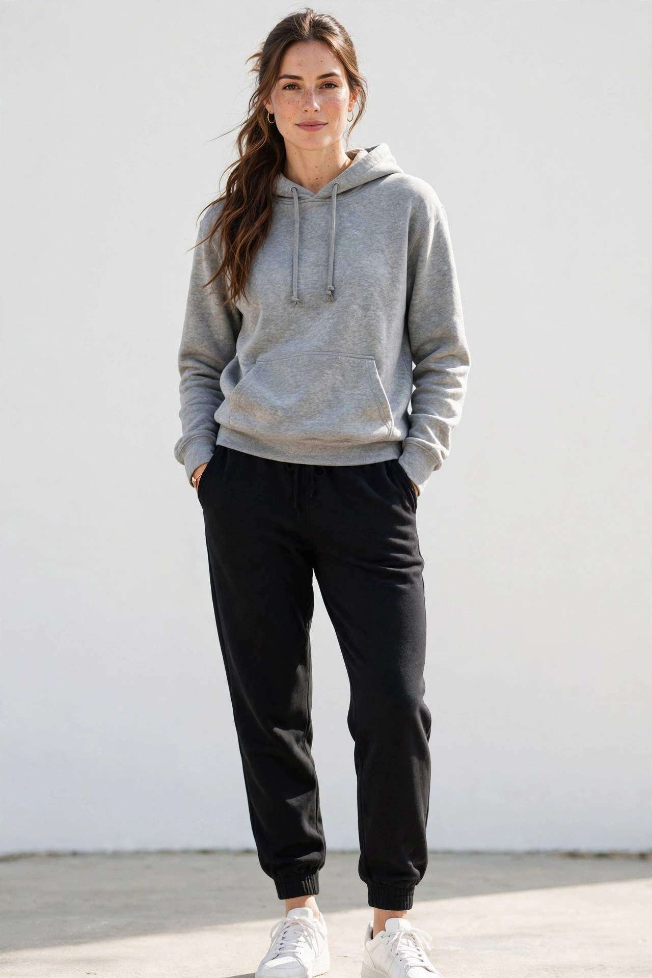 Woman wearing a classic grey hoodie with black joggers at the airport