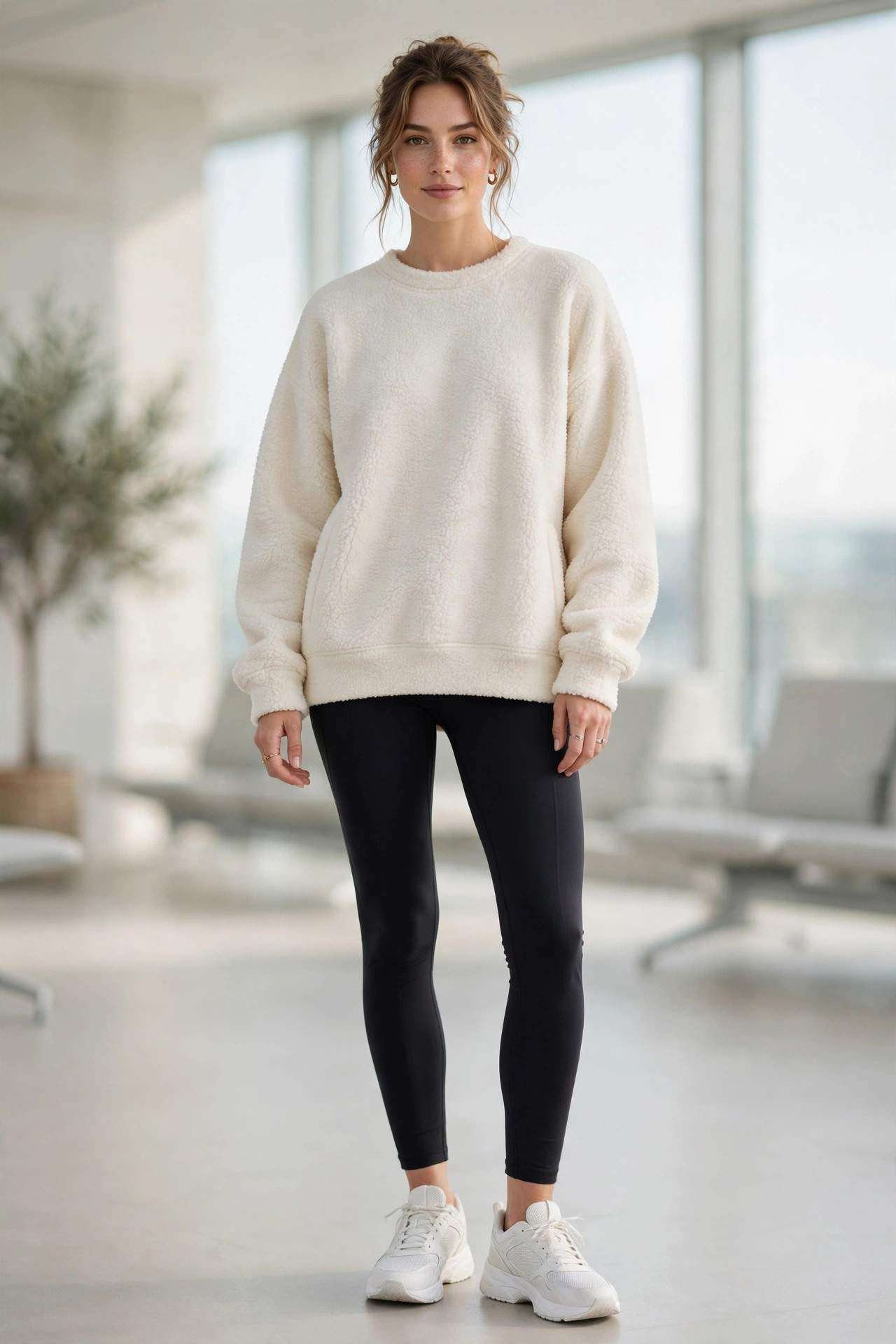 Woman wearing an oversized fleece sweatshirt with leggings