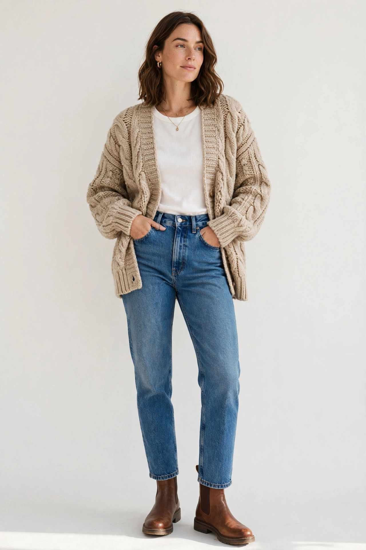 Woman wearing a chunky knit cardigan with high-waist jeans
