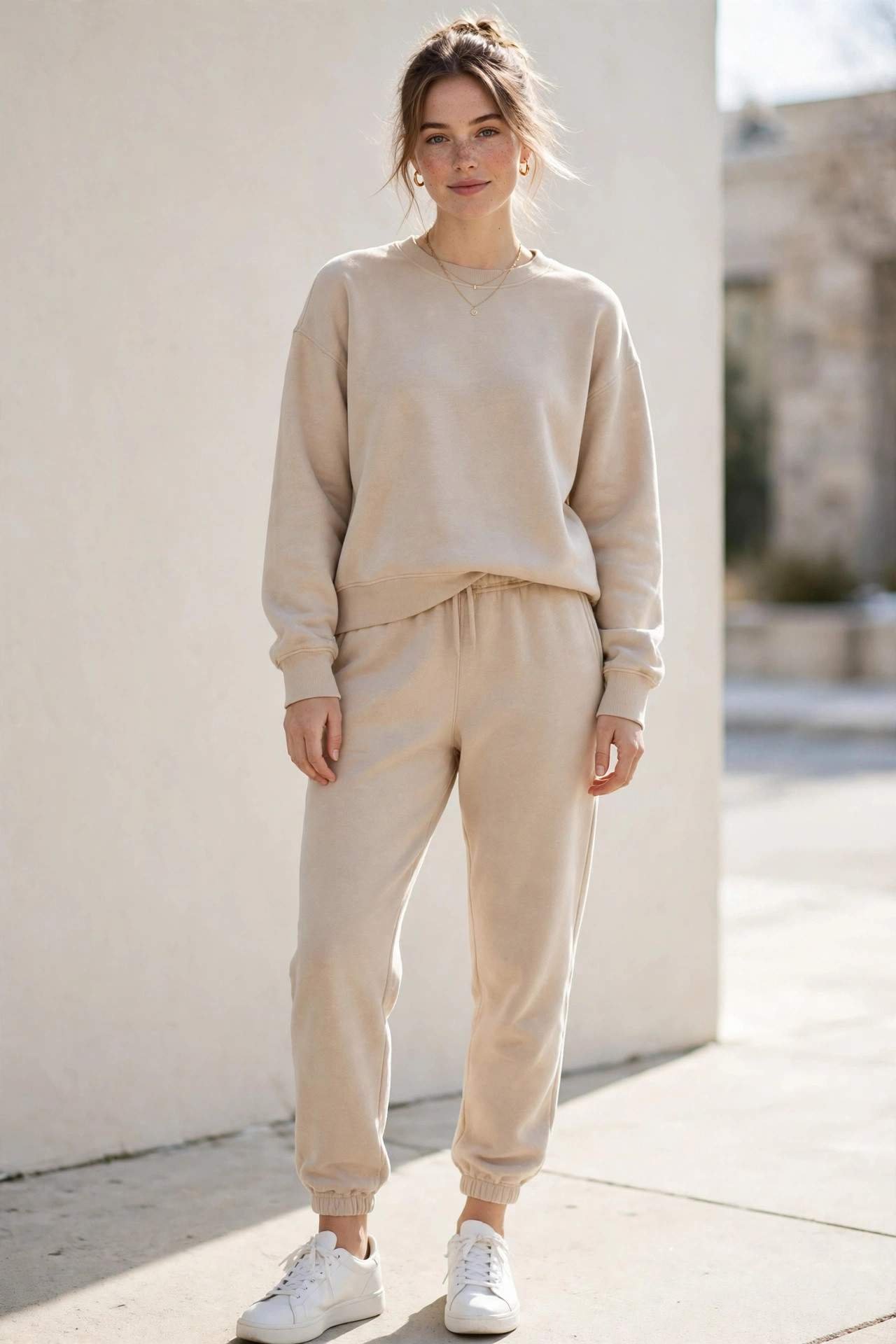 Woman wearing a matching beige lounge set with sneakers at the airport