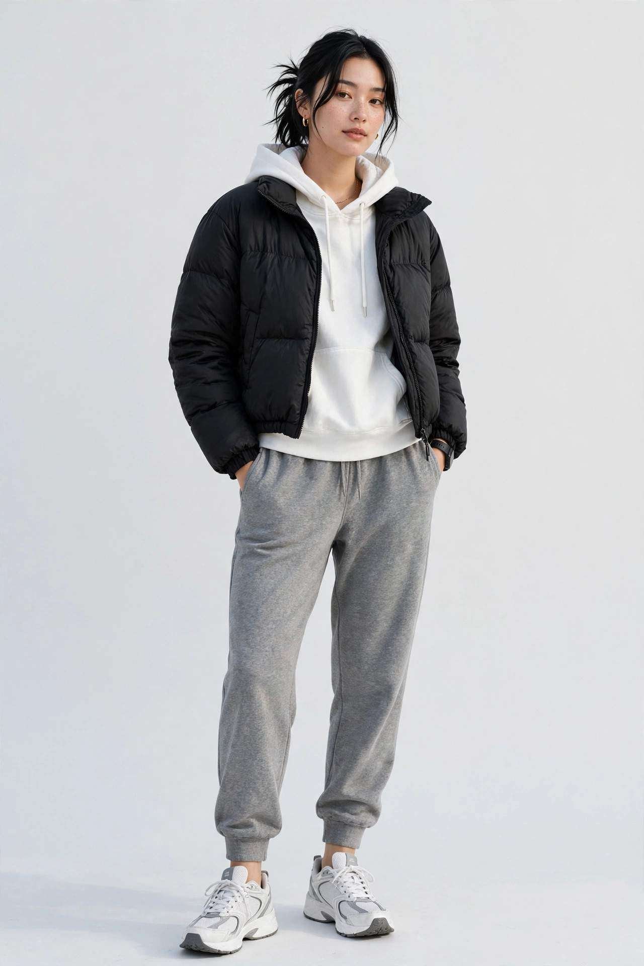 Woman wearing a cropped puffer over a hoodie and joggers