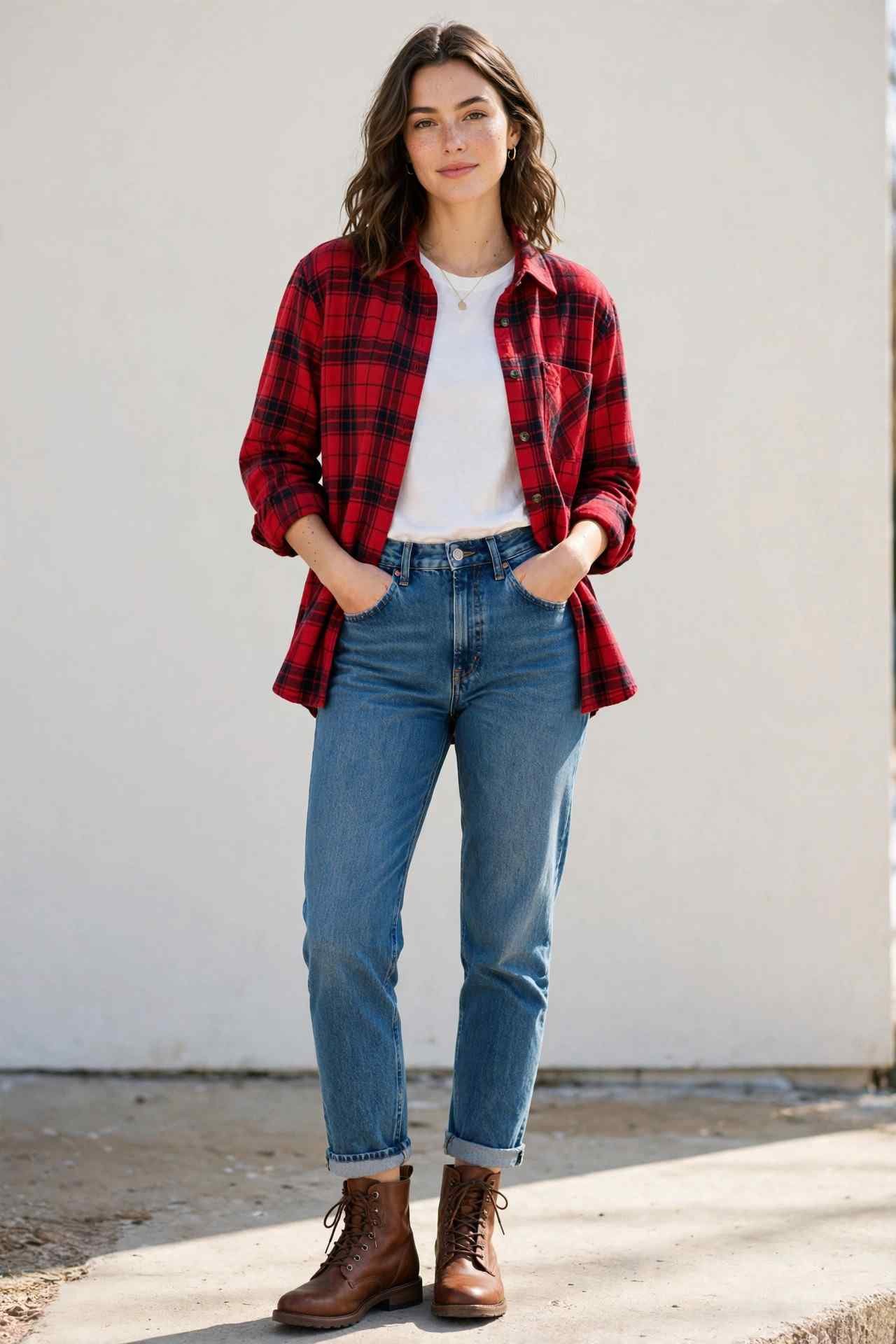 Woman wearing a flannel shirt layered over a white tee