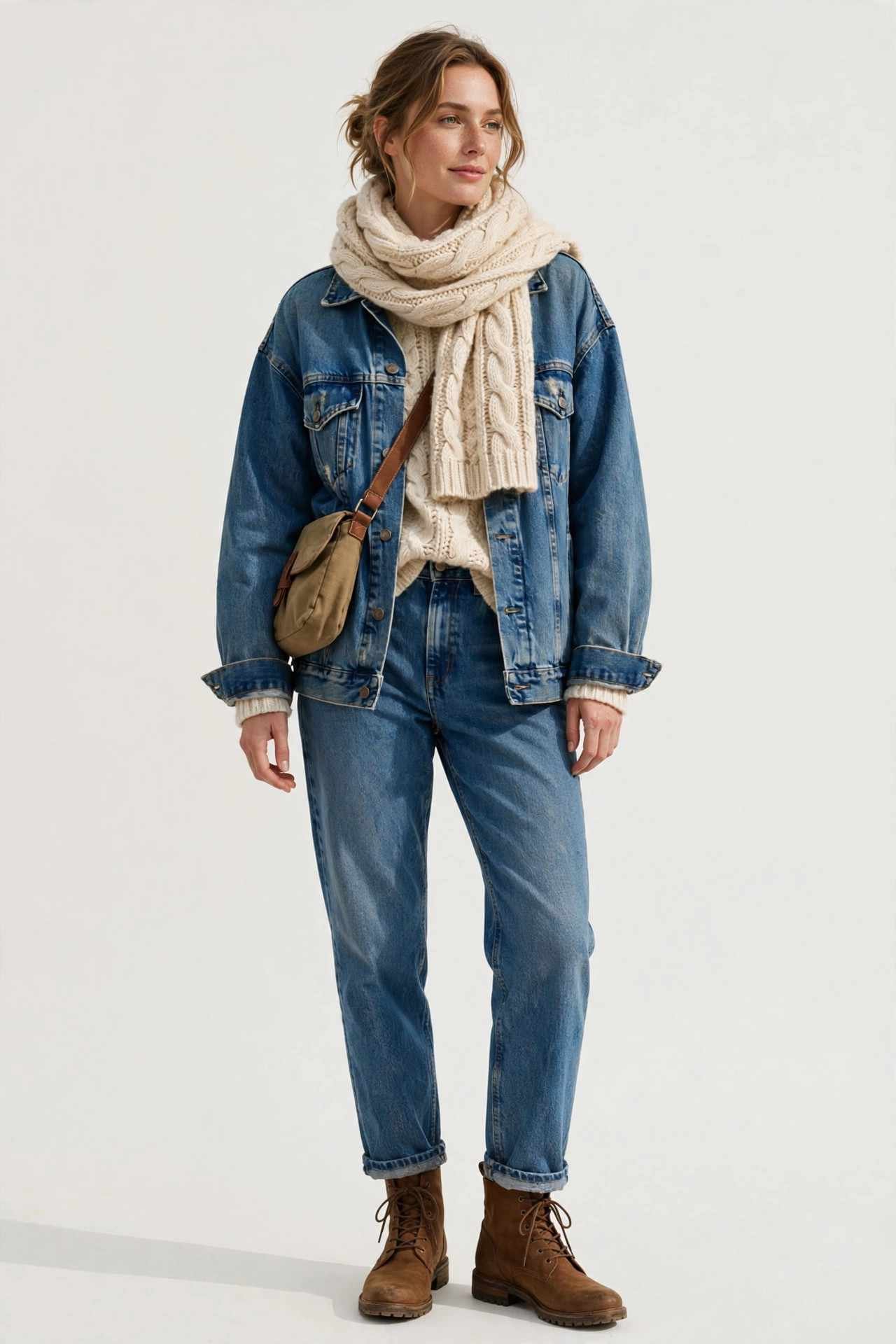 Woman wearing an oversized denim jacket with a knit scarf