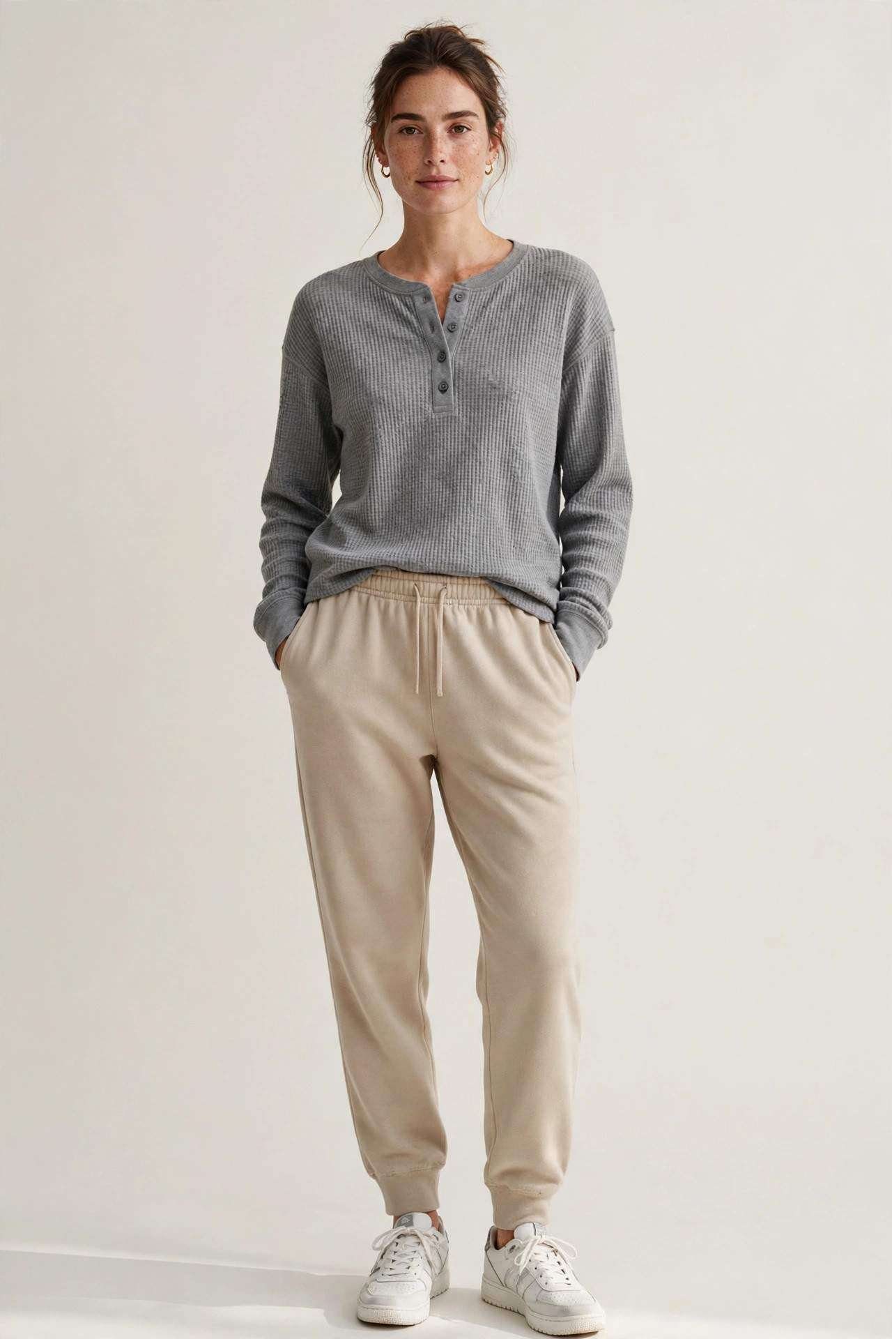 Woman wearing a waffle-knit henley with relaxed sweatpants