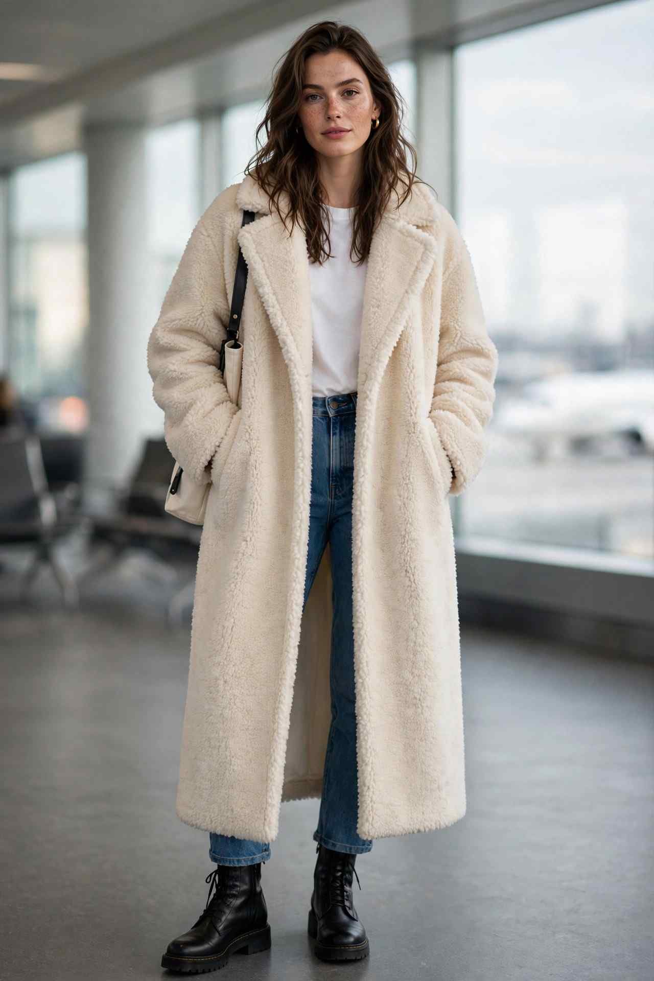 Woman wearing a longline teddy coat over a casual outfit