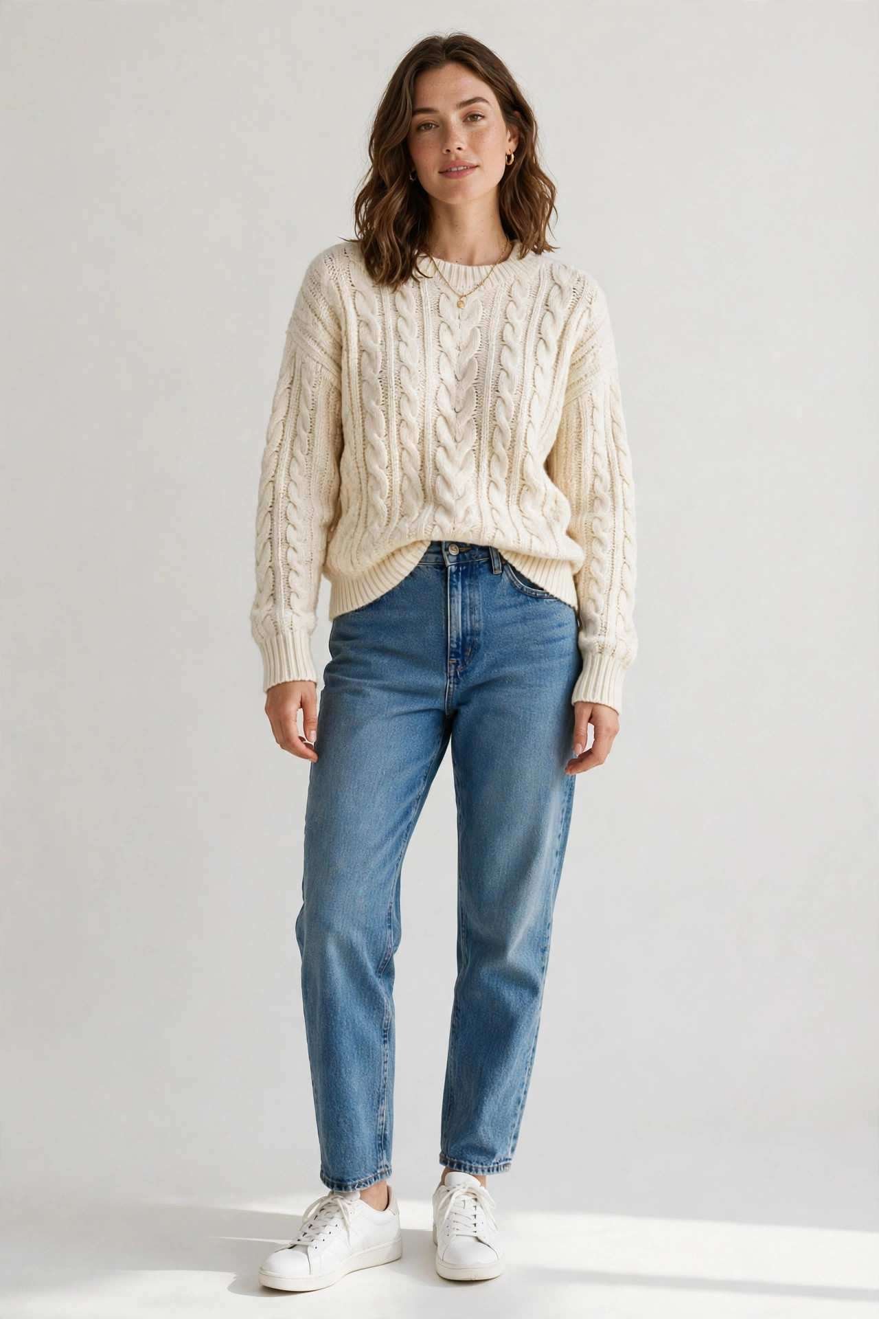 Woman wearing a cream cable-knit sweater with mom jeans