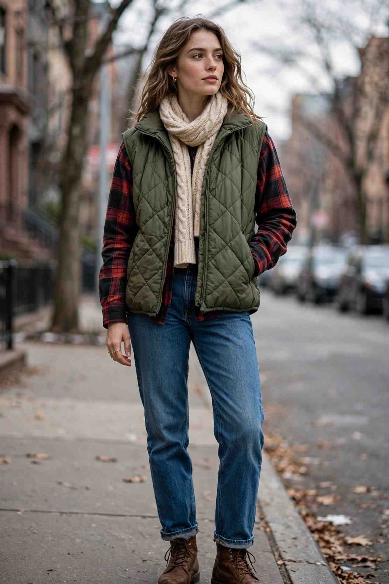Woman wearing a quilted vest over a flannel shirt and tee