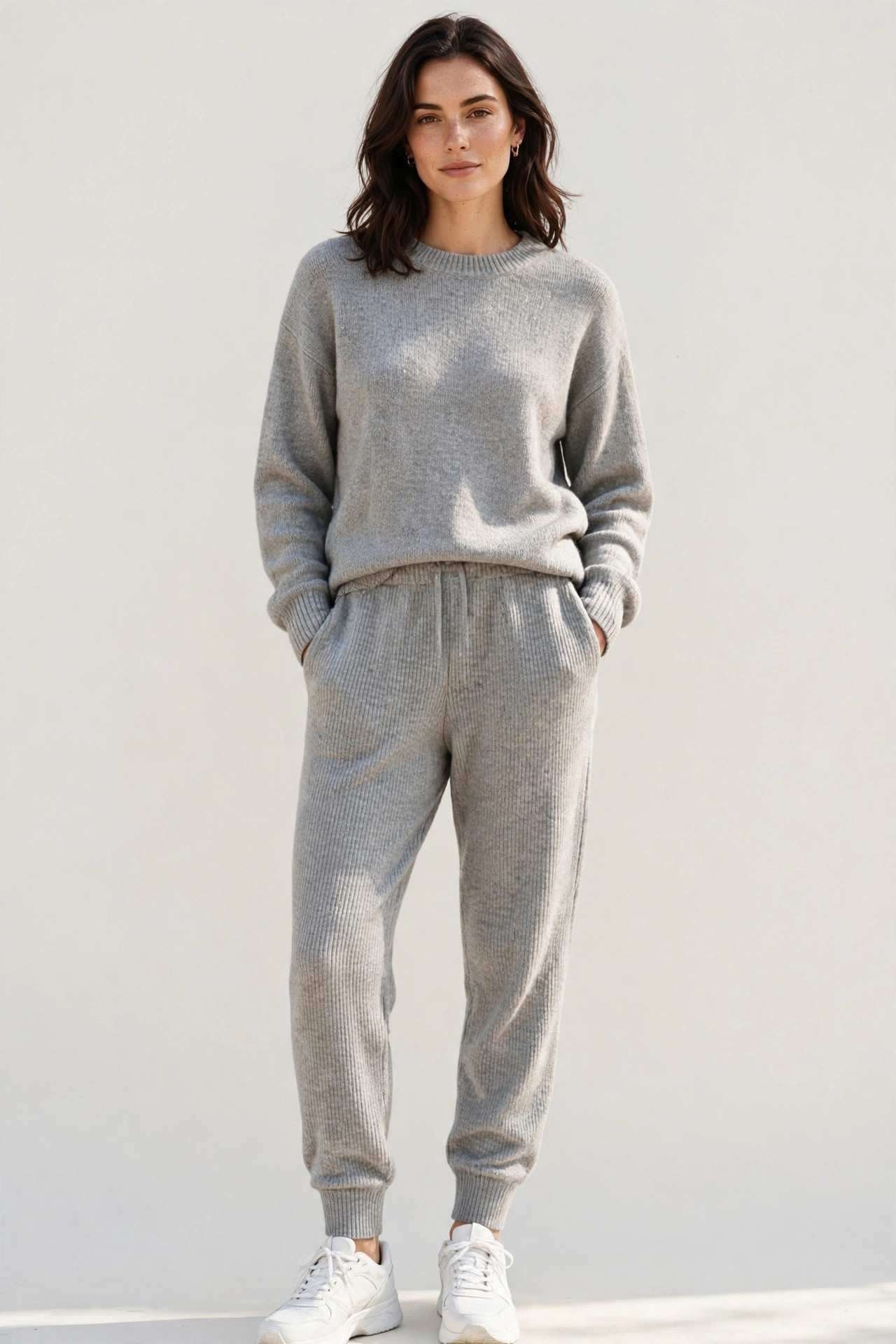 Woman wearing a soft knit jogger set in heather grey