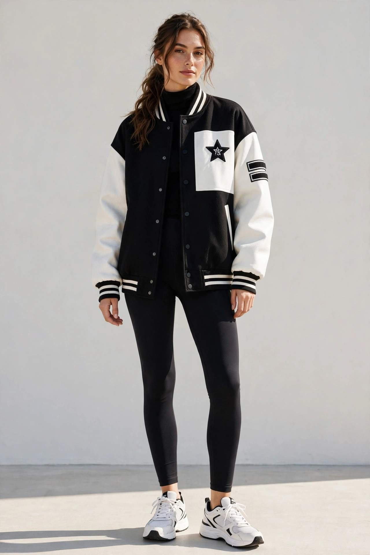 Woman wearing an oversized varsity jacket with leggings